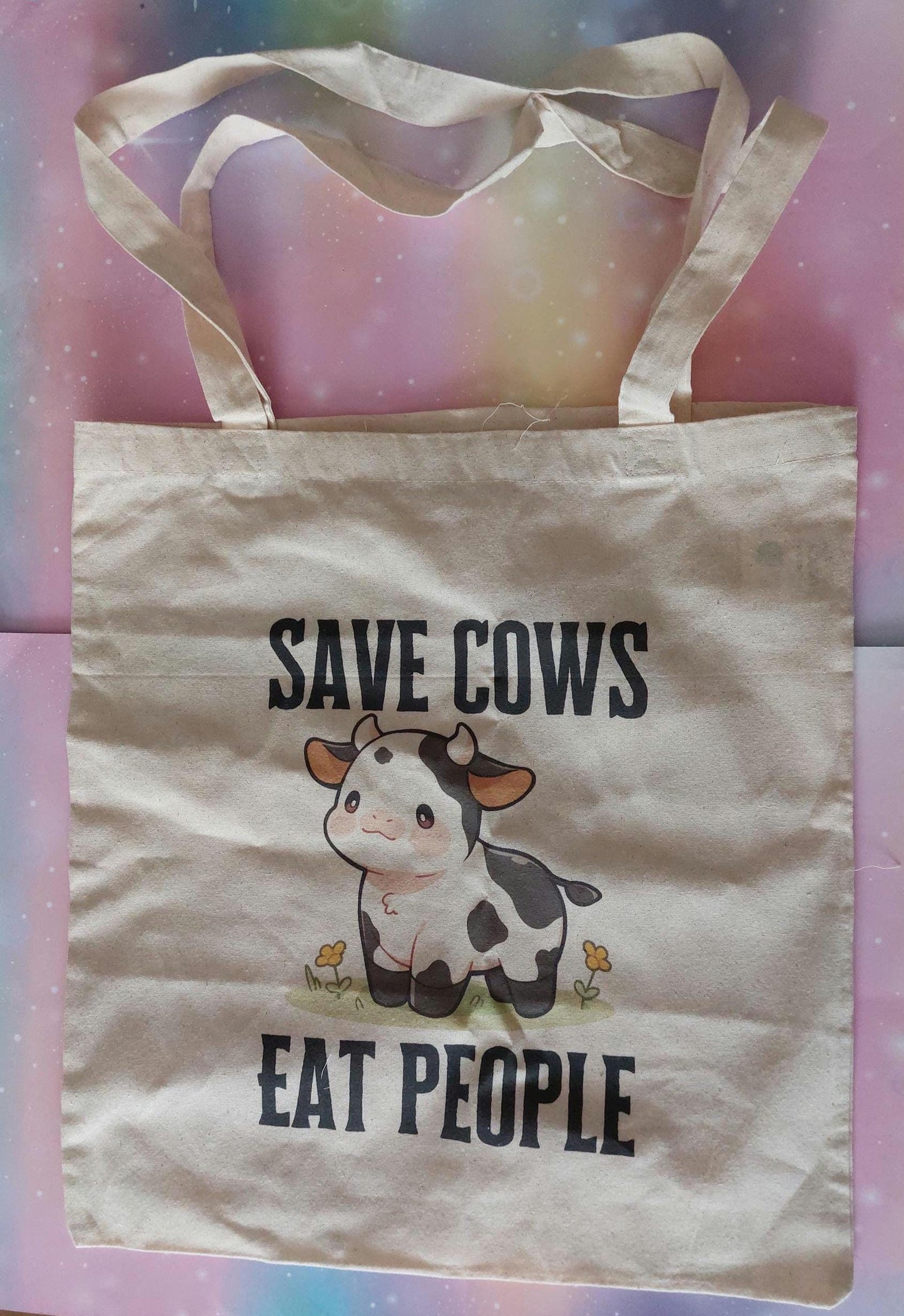 Jutebeutel Save Cows Eat People Geschenkidee für Veganer und Vegetarier mit niedlichem Kuh Motiv kawaii tote bag Tieraktivismus sarkastisch