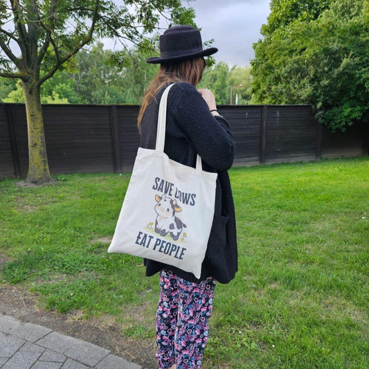 Jutebeutel Save Cows Eat People Geschenkidee für Veganer und Vegetarier mit niedlichem Kuh Motiv kawaii tote bag Tieraktivismus sarkastisch